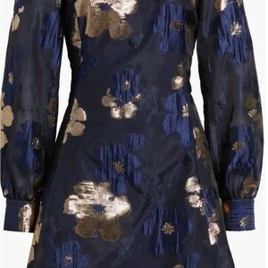 Navy & Metallic Gold Floral Long-Sleeve A-Line Dress